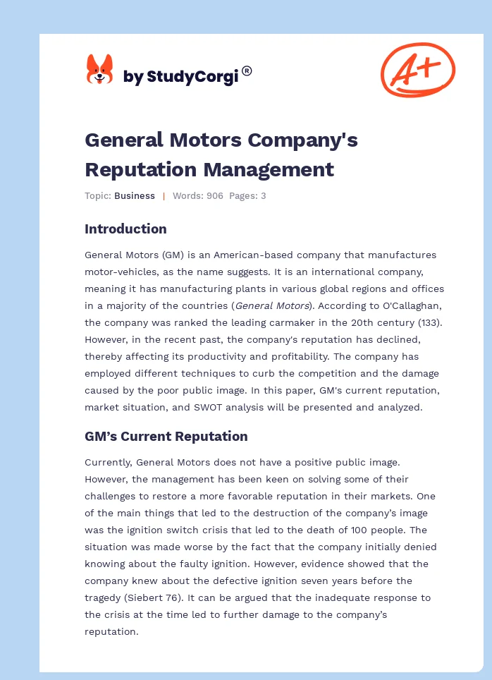 General Motors Company's Reputation Management. Page 1
