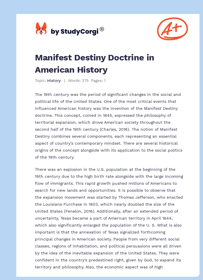 Manifest Destiny Doctrine in American History. Page 1