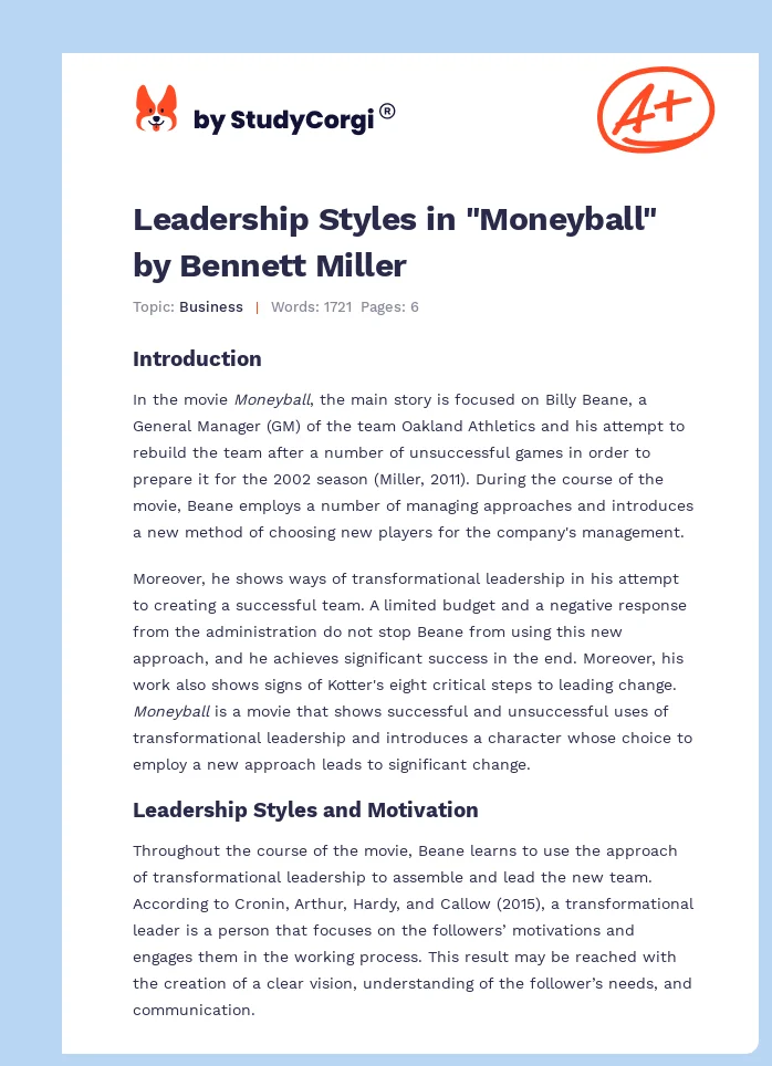 Leadership Styles in "Moneyball" by Bennett Miller. Page 1