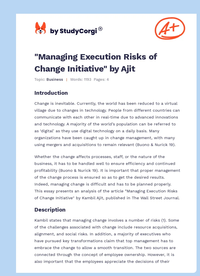 "Managing Execution Risks of Change Initiative" by Ajit. Page 1