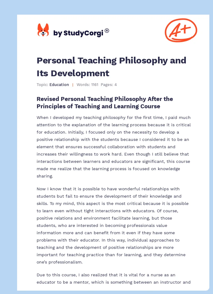 Personal Teaching Philosophy and Its Development. Page 1