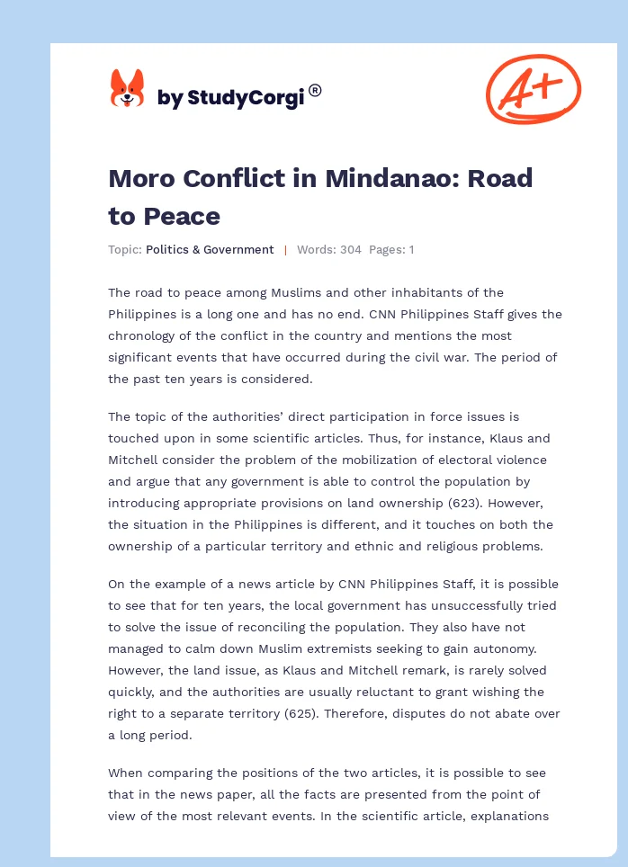 Moro Conflict in Mindanao: Road to Peace. Page 1