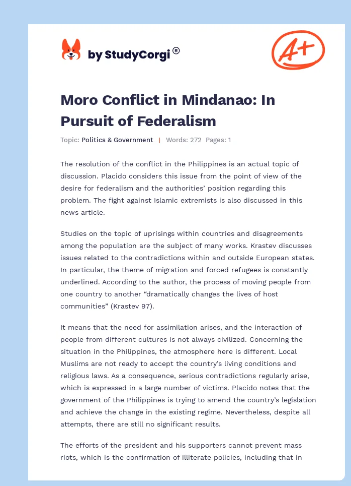 Moro Conflict in Mindanao: In Pursuit of Federalism. Page 1
