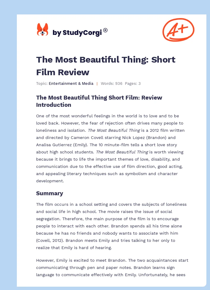 The Most Beautiful Thing: Short Film Review. Page 1