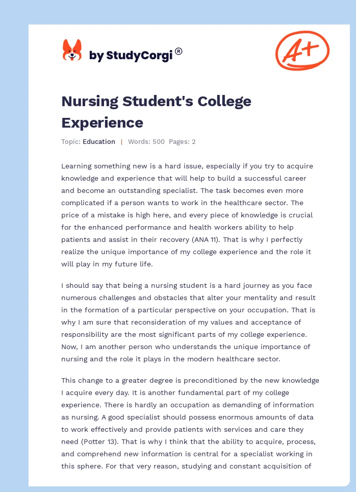 Nursing Student's College Experience. Page 1
