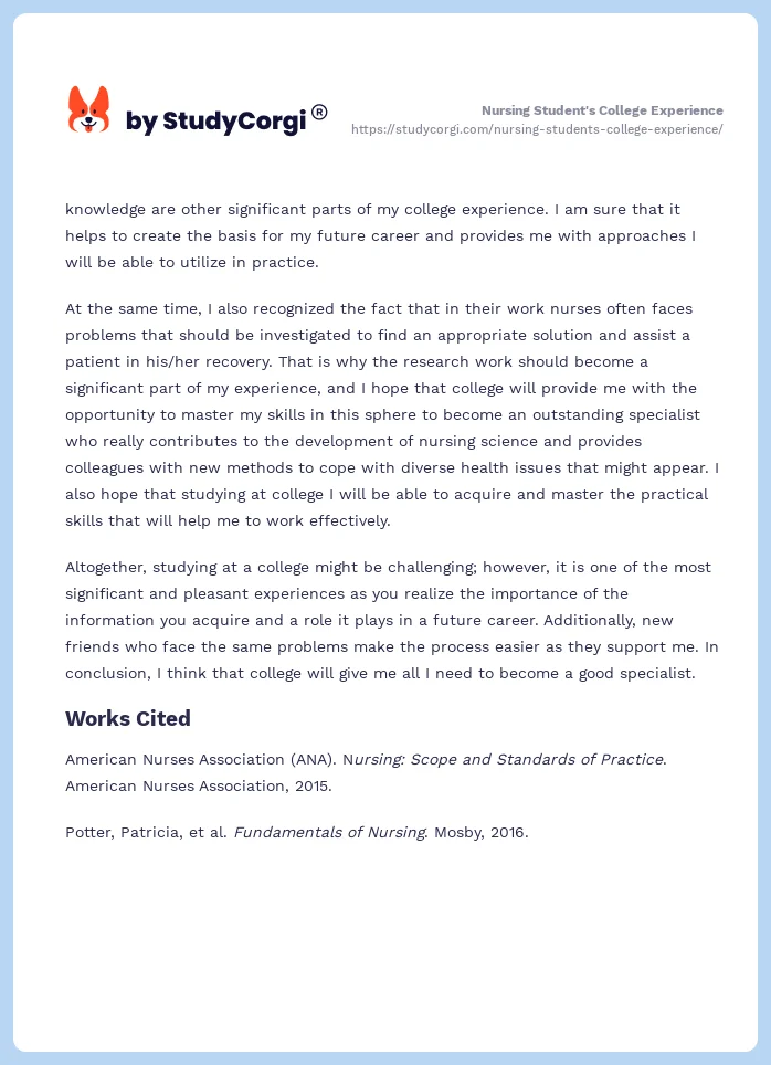 Nursing Student's College Experience. Page 2
