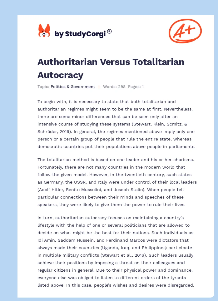 Authoritarian Versus Totalitarian Autocracy. Page 1