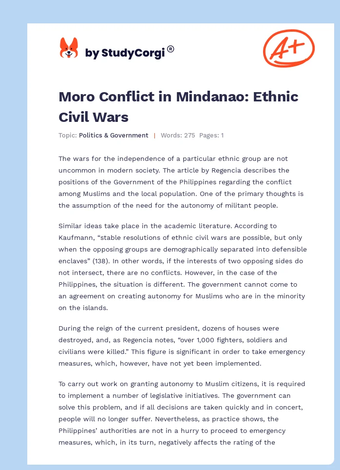 Moro Conflict in Mindanao: Ethnic Civil Wars. Page 1
