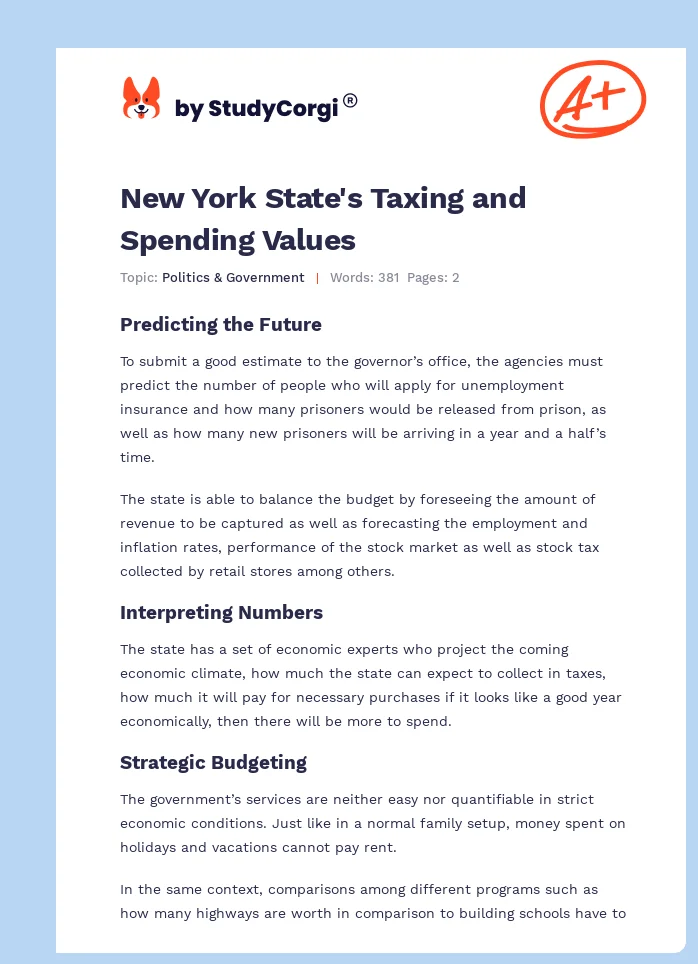 New York State's Taxing and Spending Values. Page 1