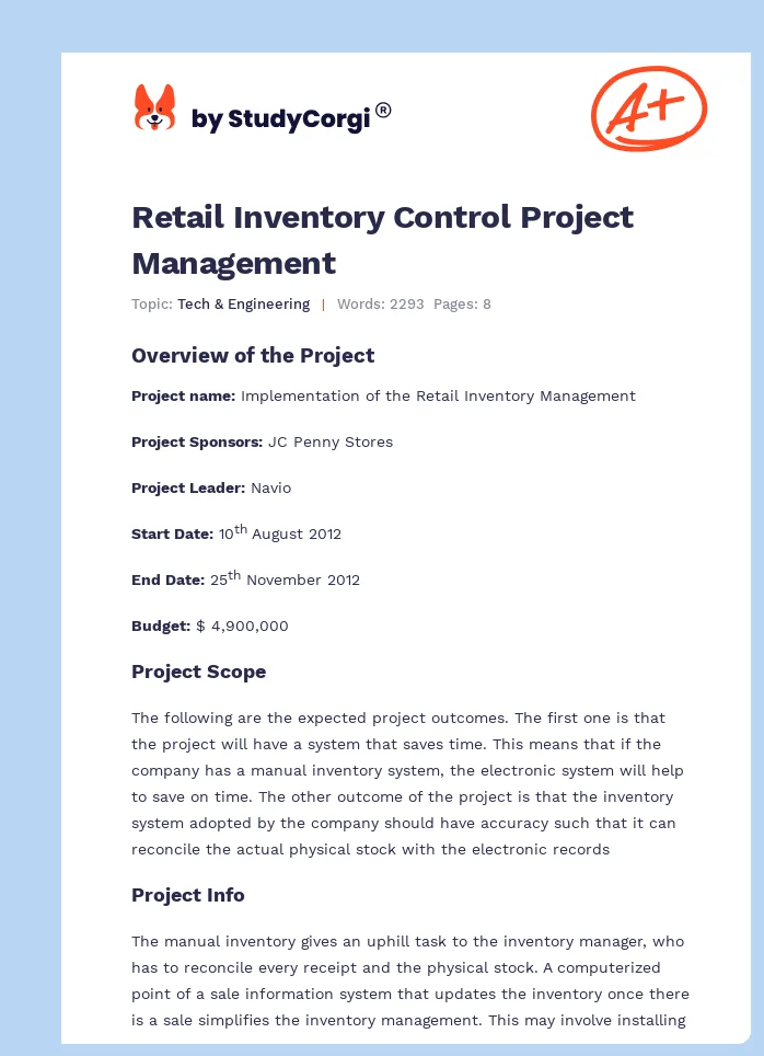 Retail Inventory Control Project Management. Page 1