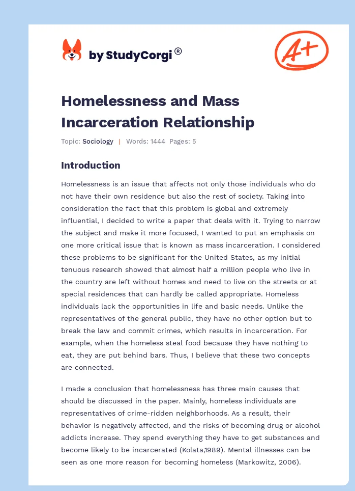 Homelessness and Mass Incarceration Relationship. Page 1