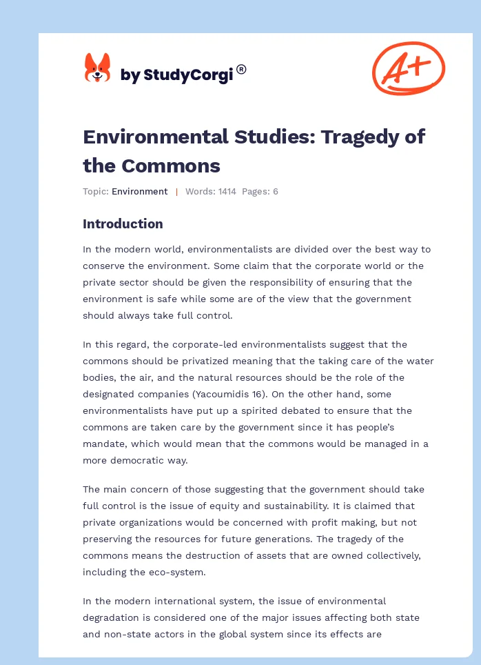 Environmental Studies: Tragedy of the Commons. Page 1