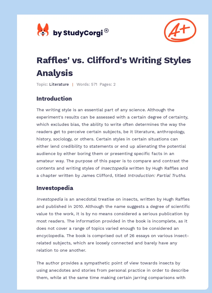 Raffles' vs. Clifford's Writing Styles Analysis. Page 1