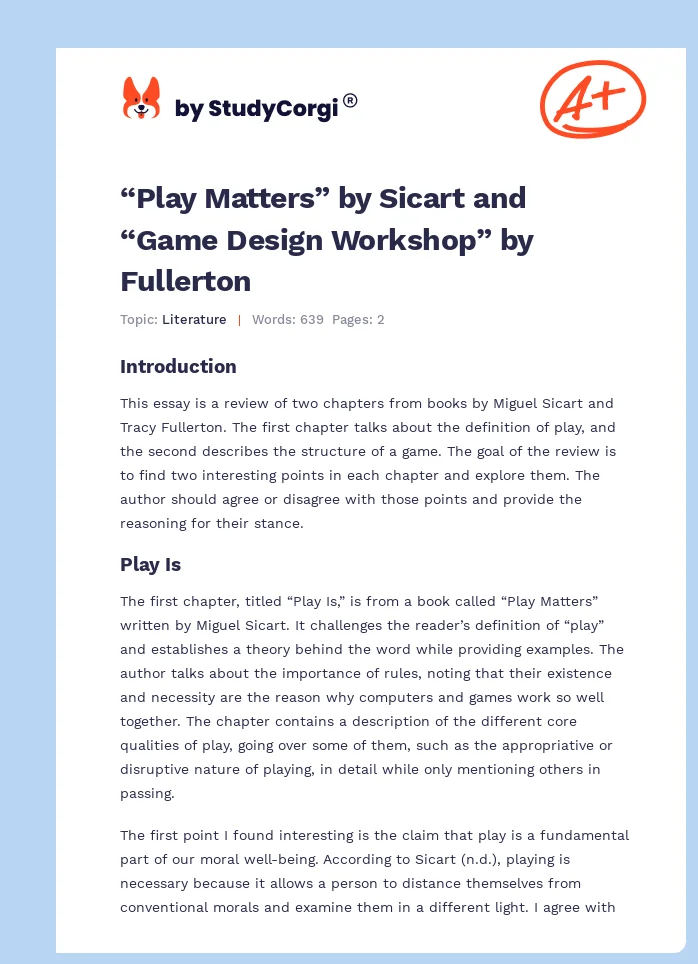 “Play Matters” by Sicart and “Game Design Workshop” by Fullerton. Page 1