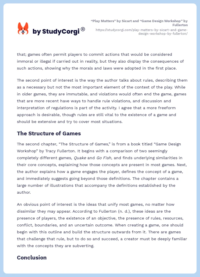 “Play Matters” by Sicart and “Game Design Workshop” by Fullerton. Page 2