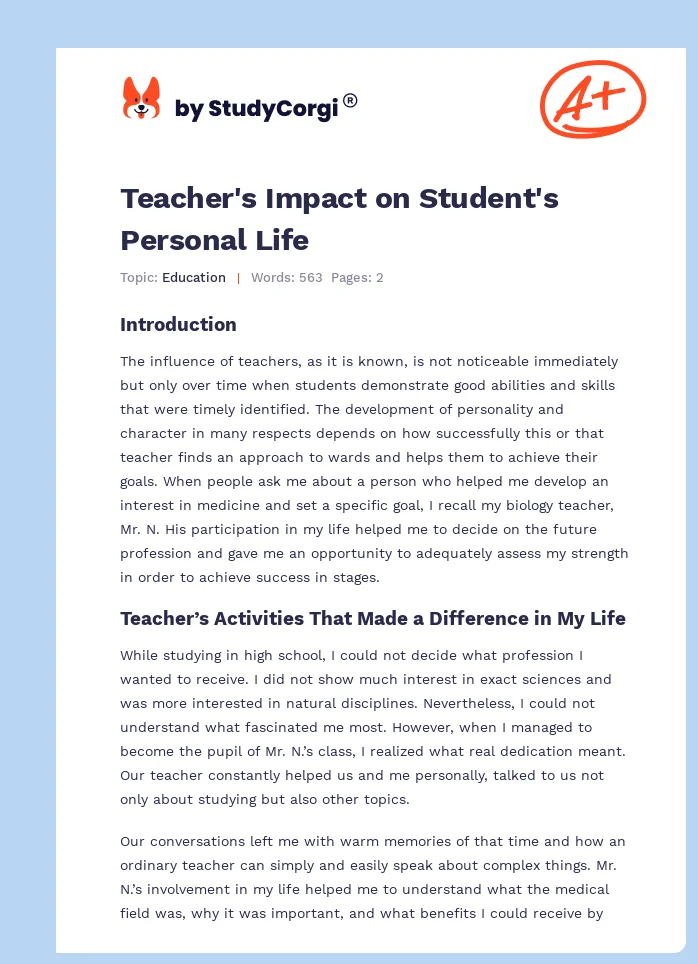 Teacher's Impact on Student's Personal Life. Page 1