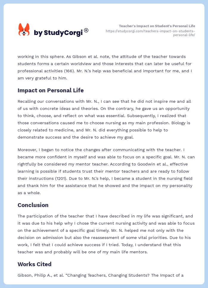 Teacher's Impact on Student's Personal Life. Page 2