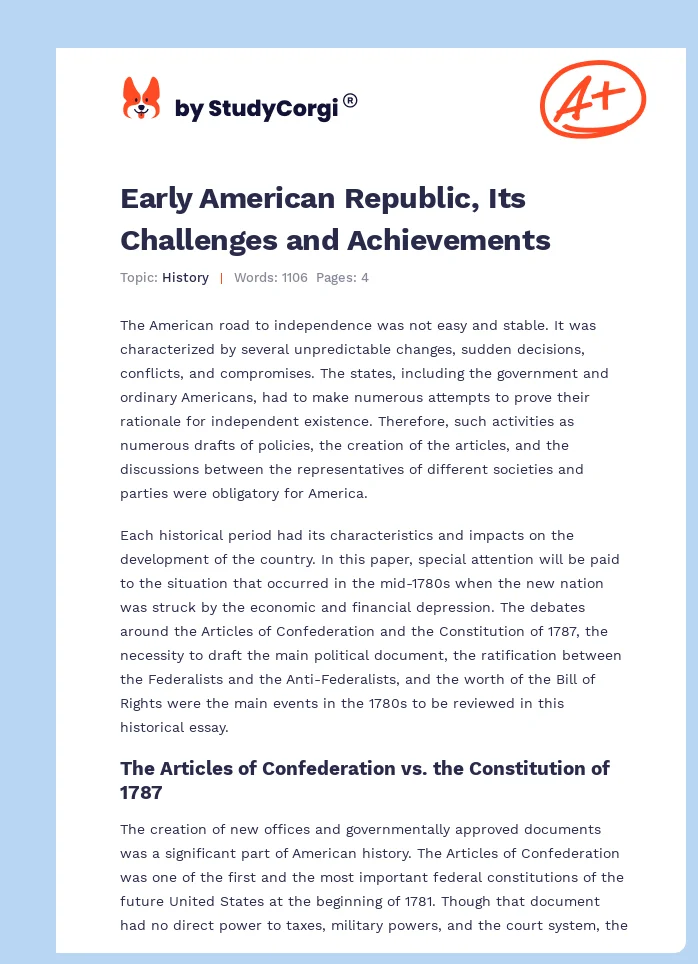 Early American Republic, Its Challenges and Achievements. Page 1