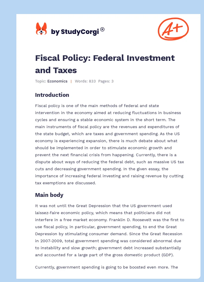 Fiscal Policy: Federal Investment and Taxes. Page 1