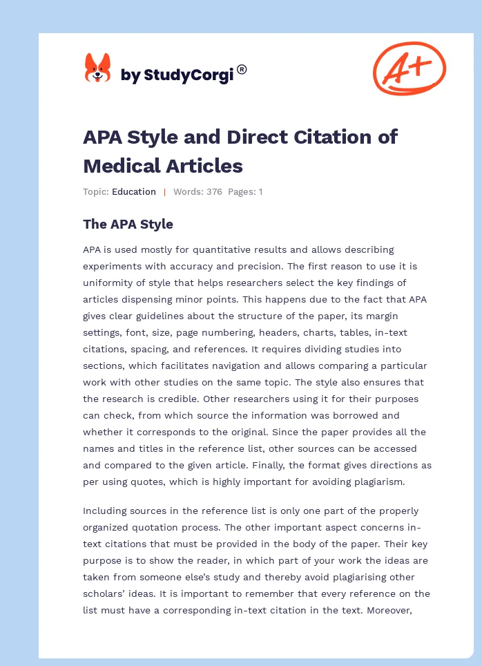 APA Style and Direct Citation of Medical Articles. Page 1