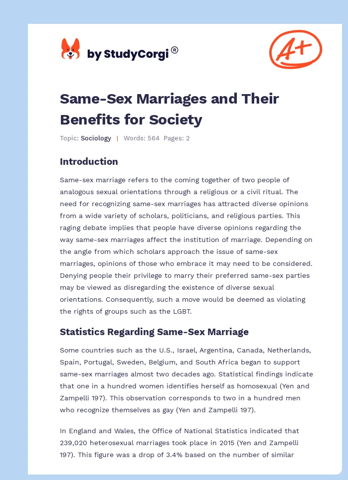 Same-Sex Marriages and Their Benefits for Society. Page 1