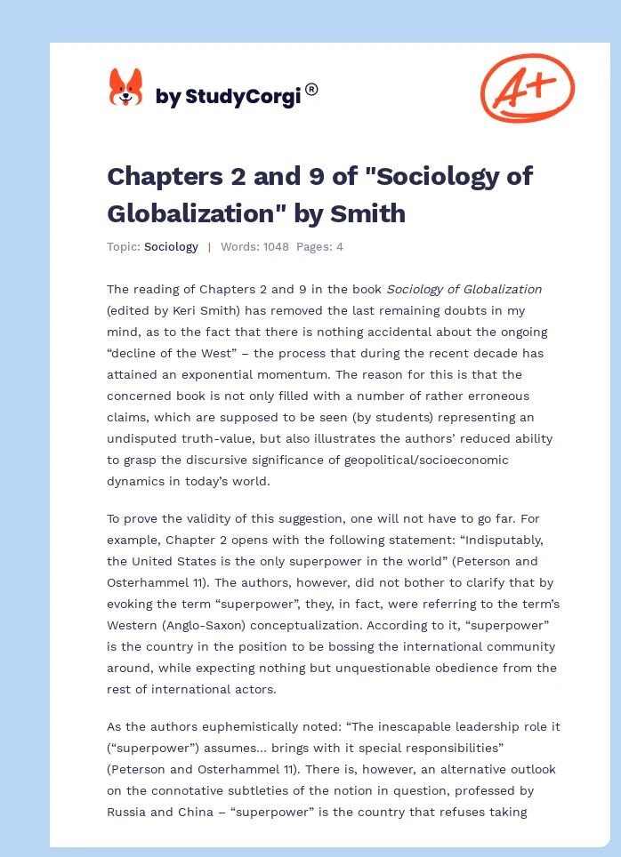 Chapters 2 and 9 of "Sociology of Globalization" by Smith. Page 1