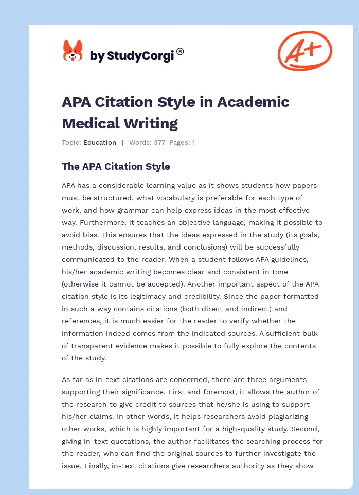APA Citation Style in Academic Medical Writing. Page 1