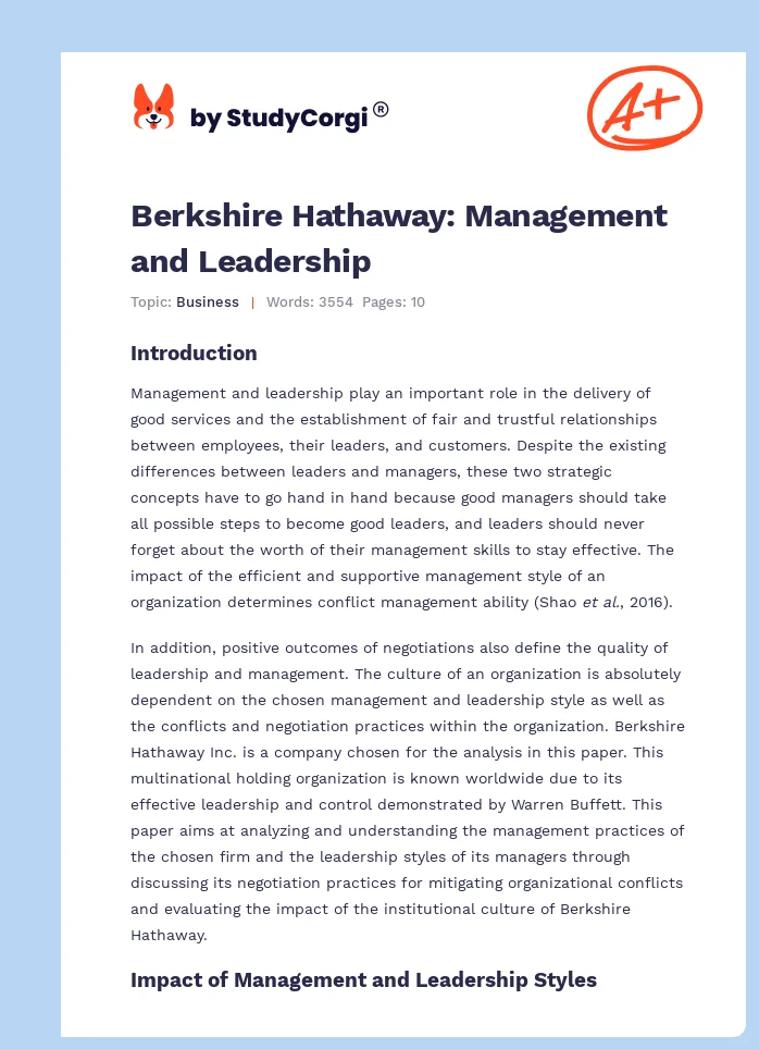 Berkshire Hathaway: Management and Leadership. Page 1