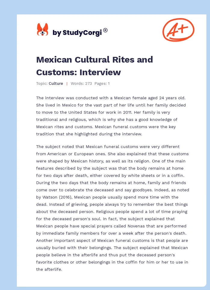 Mexican Cultural Rites and Customs: Interview. Page 1