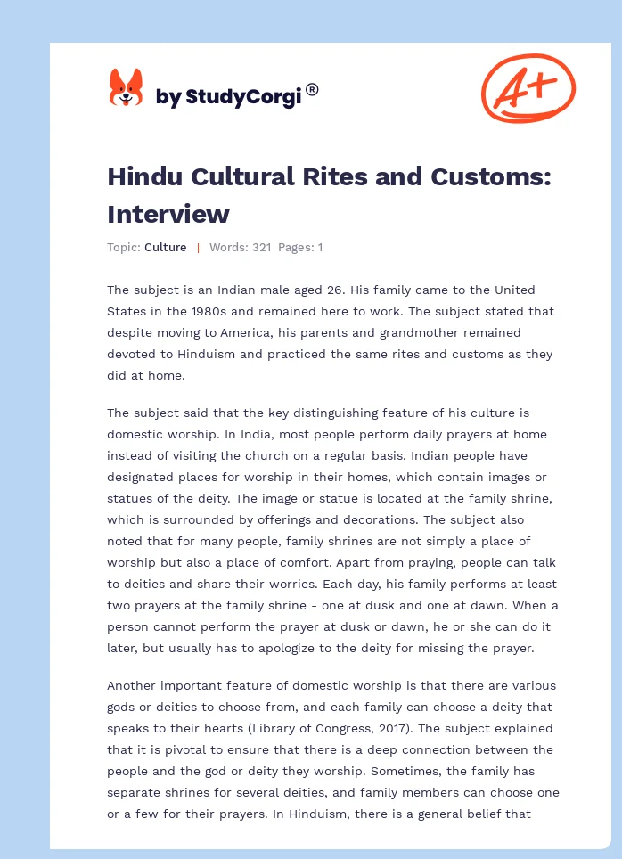Hindu Cultural Rites and Customs: Interview. Page 1