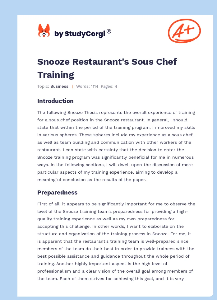 Snooze Restaurant's Sous Chef Training. Page 1