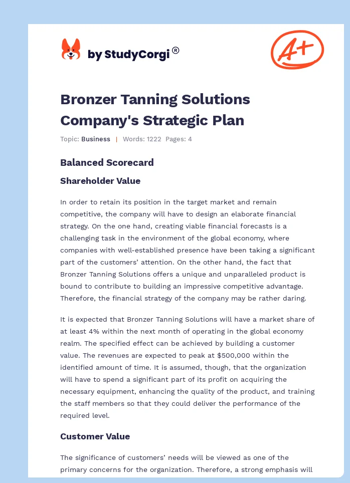 Bronzer Tanning Solutions Company's Strategic Plan. Page 1