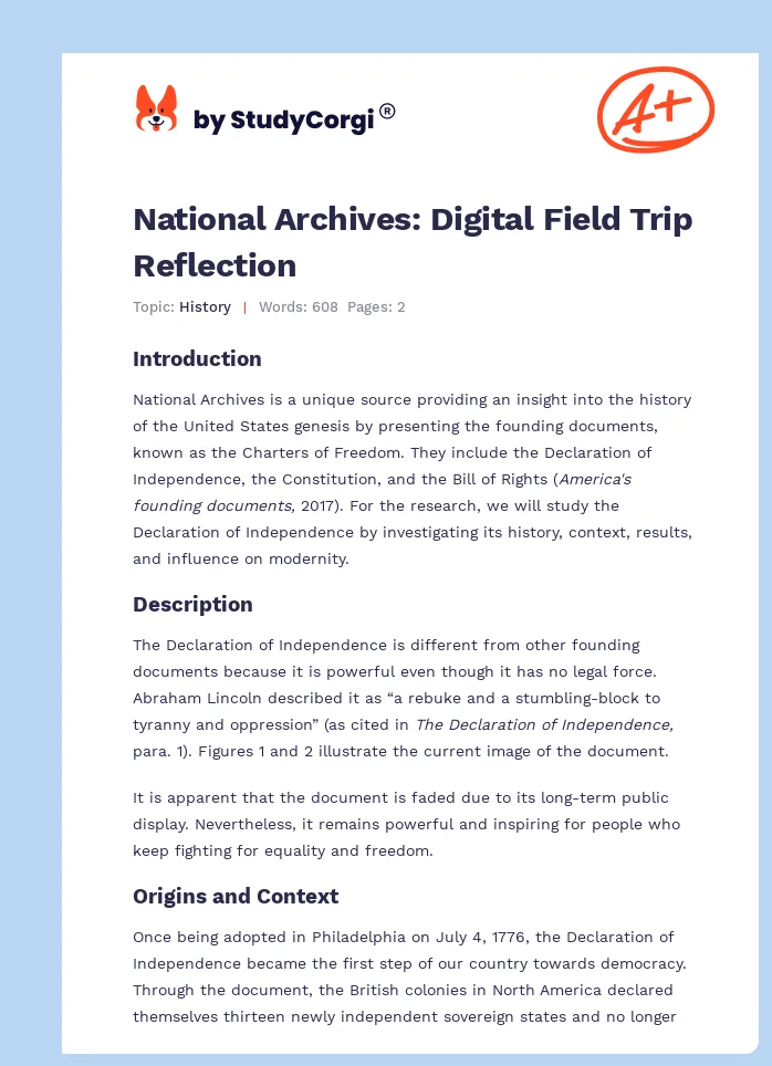 National Archives: Digital Field Trip Reflection. Page 1