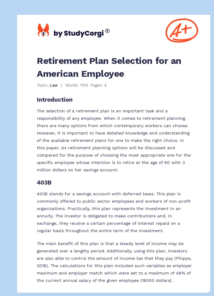 Retirement Plan Selection for an American Employee. Page 1