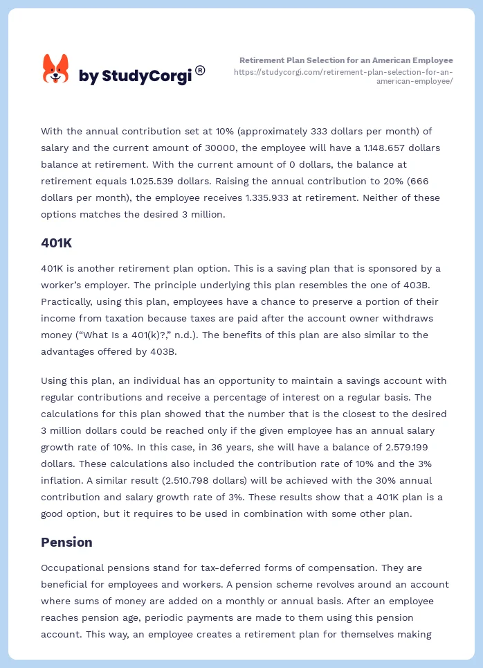 Retirement Plan Selection for an American Employee. Page 2