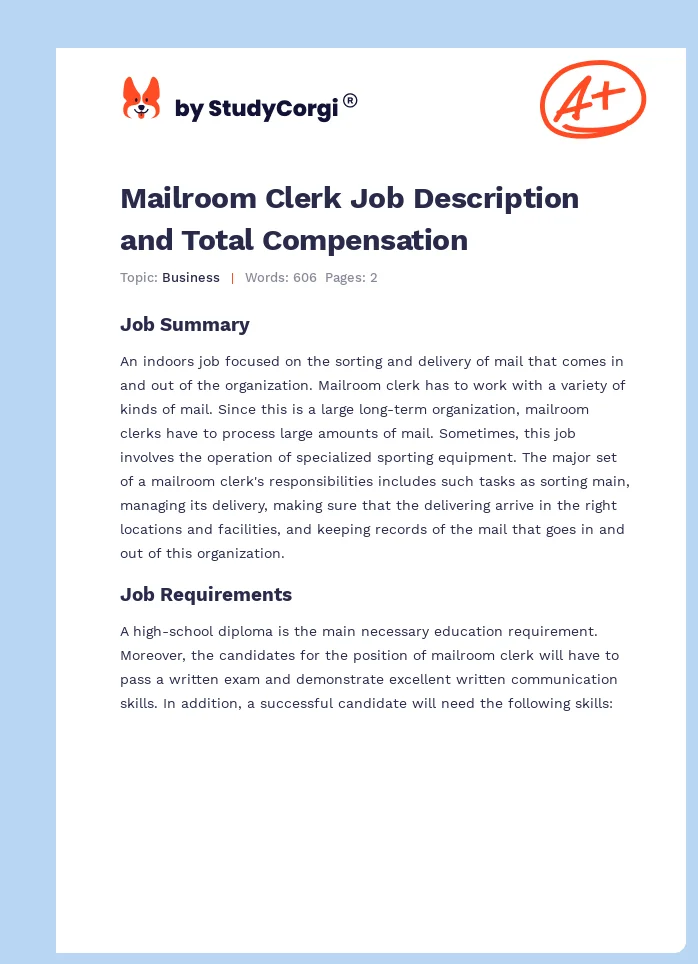 Mailroom Clerk Job Description and Total Compensation. Page 1