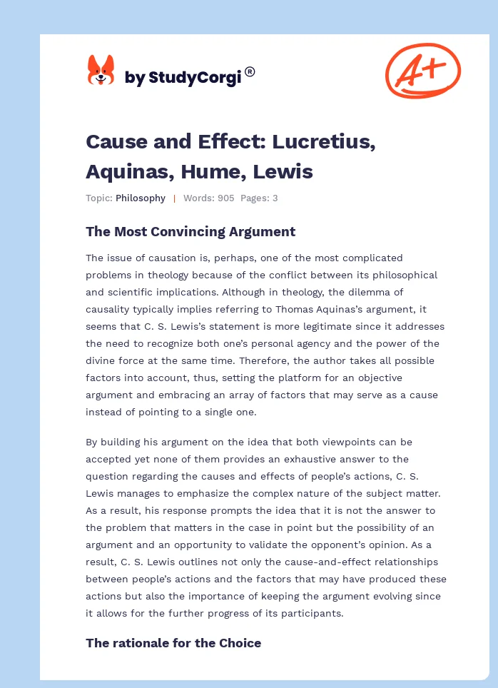 Cause and Effect: Lucretius, Aquinas, Hume, Lewis. Page 1