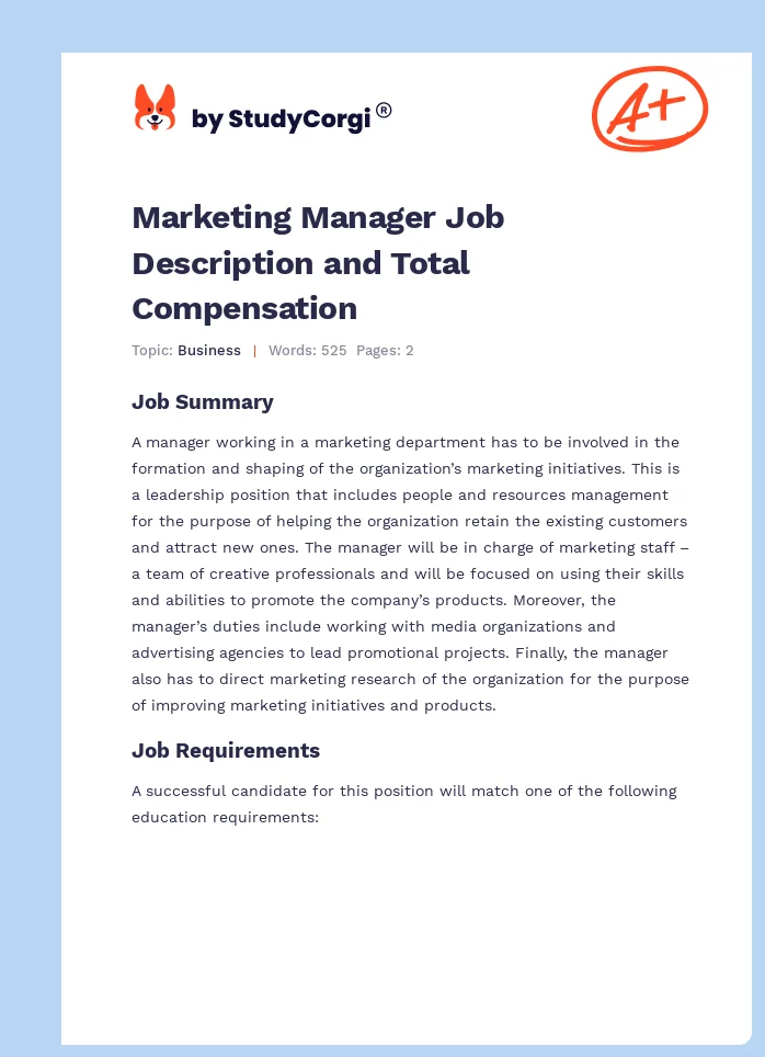 Marketing Manager Job Description and Total Compensation. Page 1
