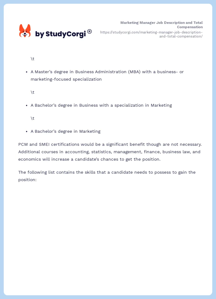 Marketing Manager Job Description and Total Compensation. Page 2