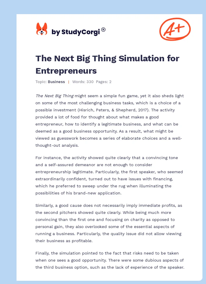 The Next Big Thing Simulation for Entrepreneurs. Page 1