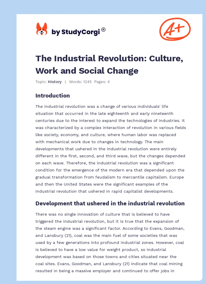The Industrial Revolution: Culture, Work and Social Change. Page 1