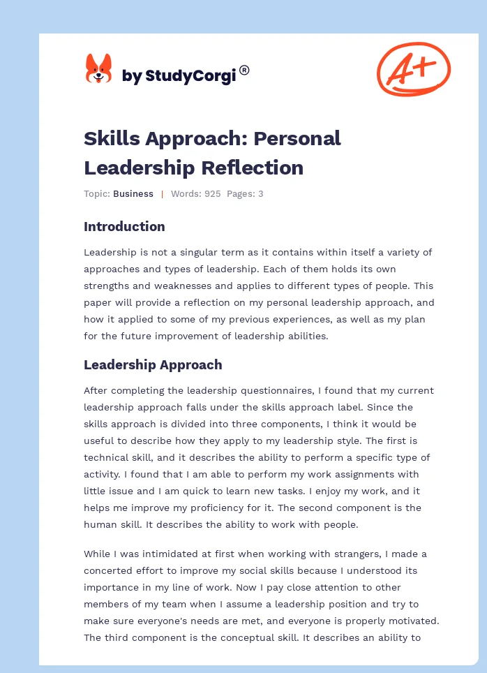 Skills Approach: Personal Leadership Reflection. Page 1
