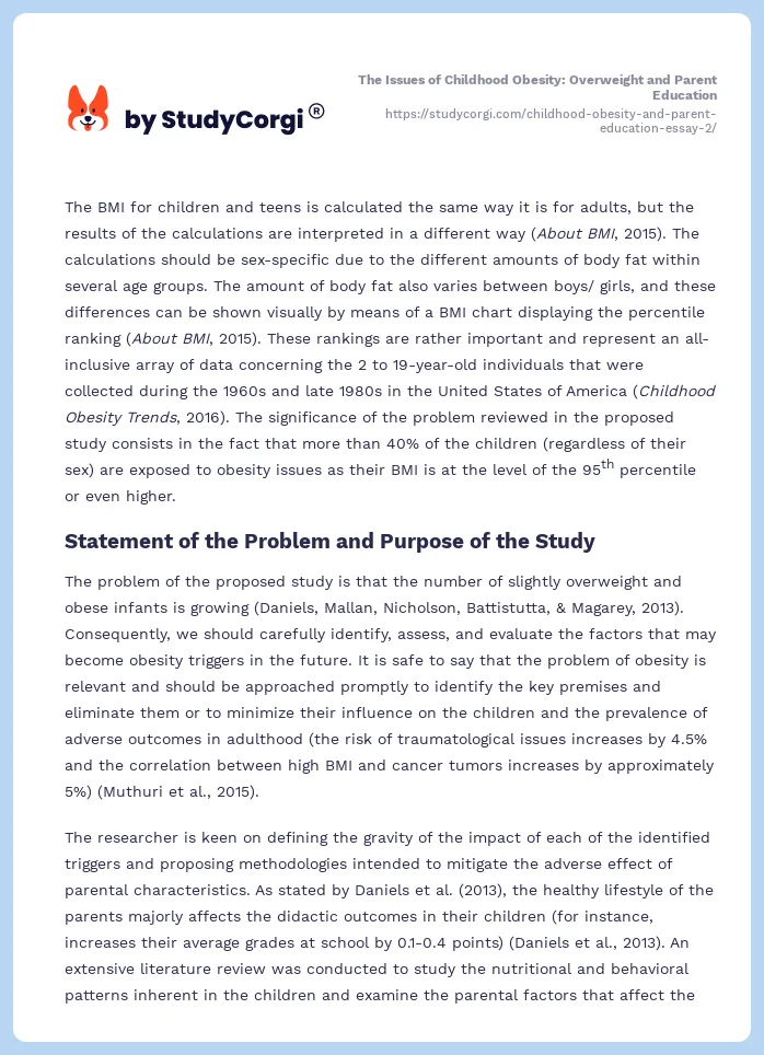 The Issues of Childhood Obesity: Overweight and Parent Education. Page 2