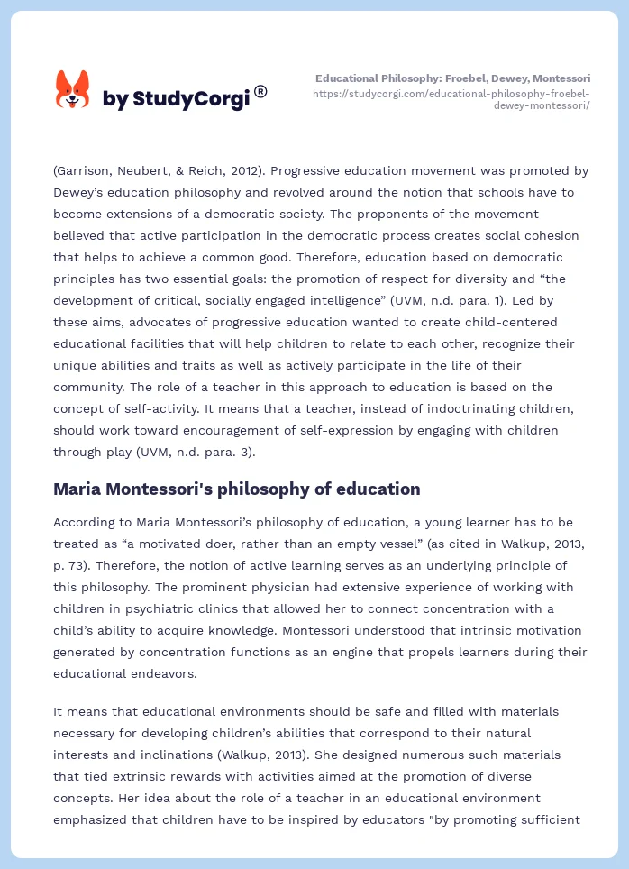 Educational Philosophy: Froebel, Dewey, Montessori. Page 2