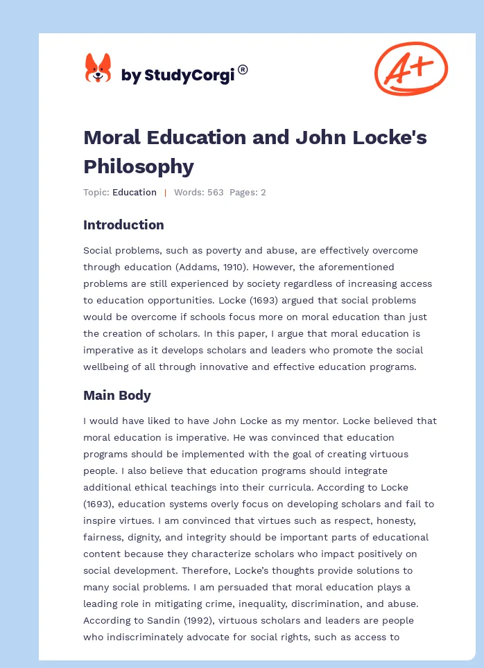 Moral Education and John Locke's Philosophy. Page 1