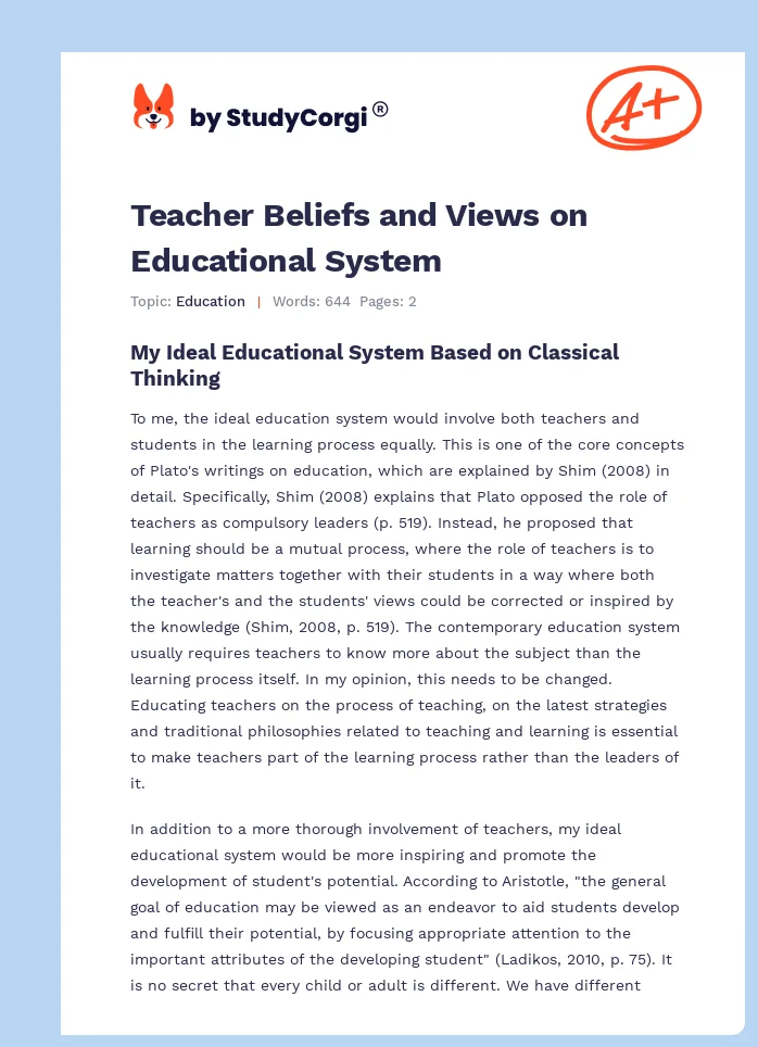 Teacher Beliefs and Views on Educational System. Page 1