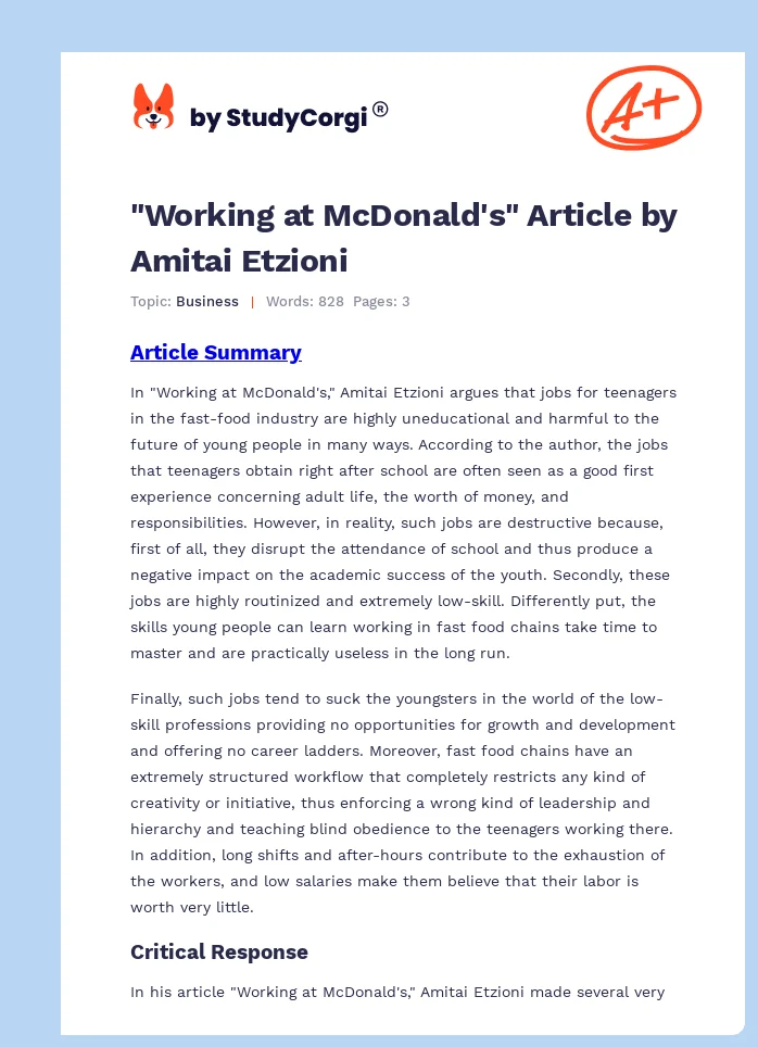 "Working at McDonald's" Article by Amitai Etzioni. Page 1
