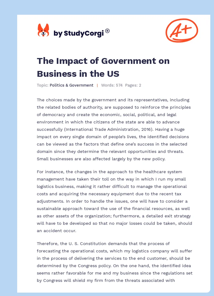 The Impact of Government on Business in the US. Page 1