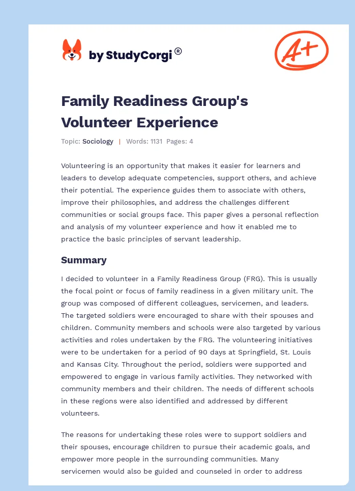 Family Readiness Group's Volunteer Experience. Page 1