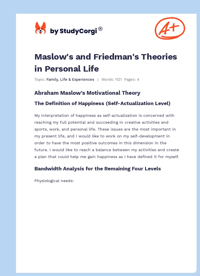 Maslow's and Friedman's Theories in Personal Life. Page 1